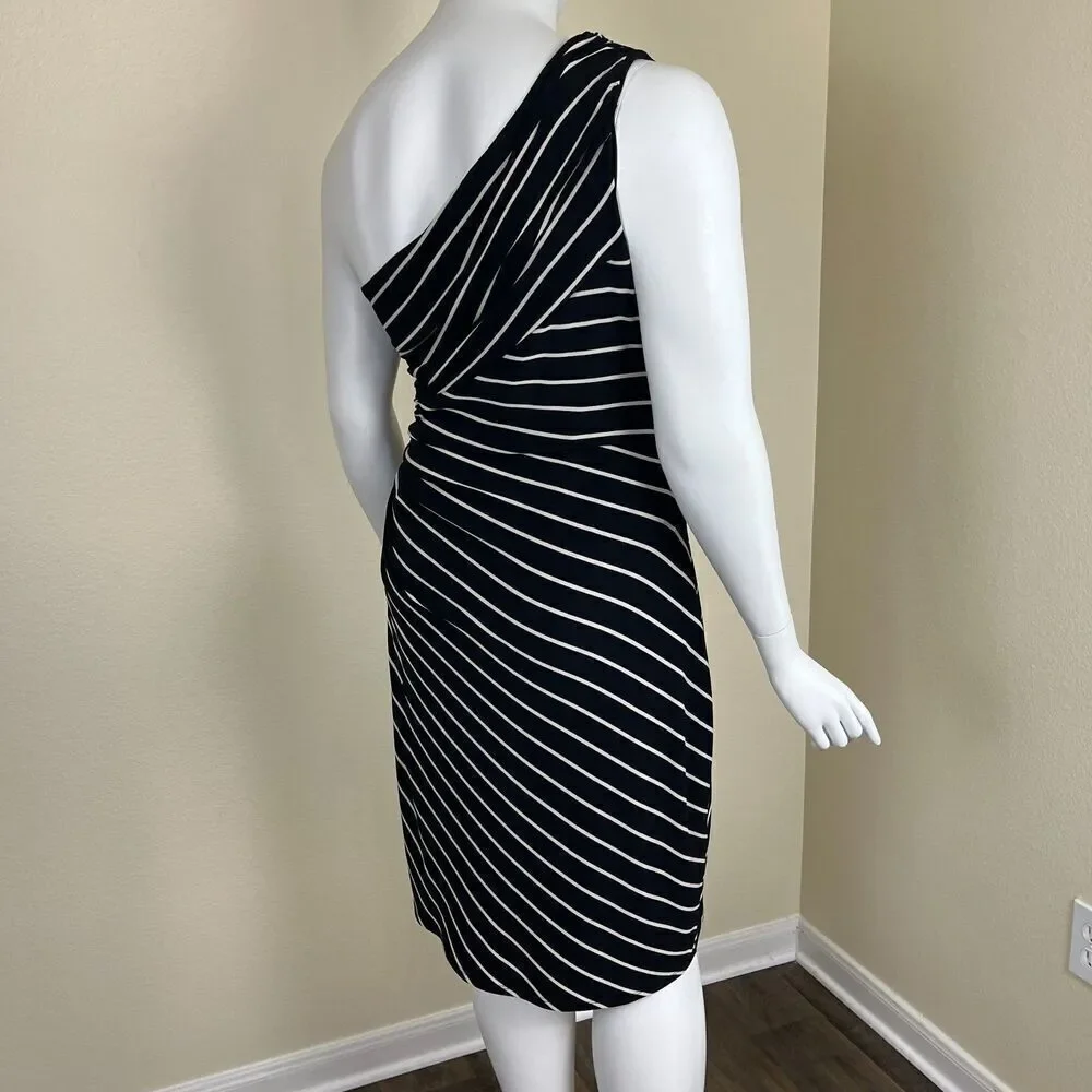 Lauren Ralph Lauren Women Size 16 Black Striped One Shoulder Ruched Sheath Dress